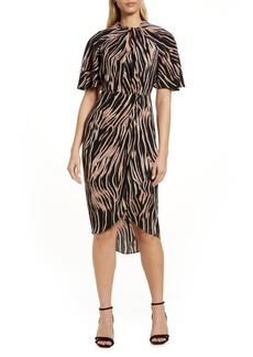 Maggy London Abstract Stripe Knot Neck Midi Dress in Black/Cinnamon Swirl at Nordstrom