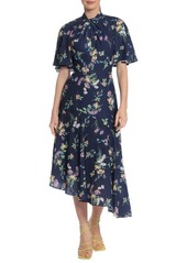 Maggy London Floral Asymmetric Hem Midi Dress in Navy/Orchid at Nordstrom