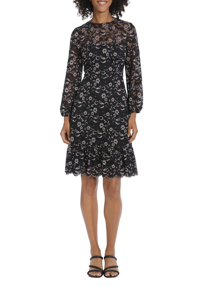 Maggy London Floral Lace Long Sleeve Fit & Flare Dress in Black Multi at Nordstrom Rack