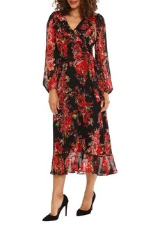 Maggy London Floral Long Sleeve Tiered Faux Wrap Midi Dress