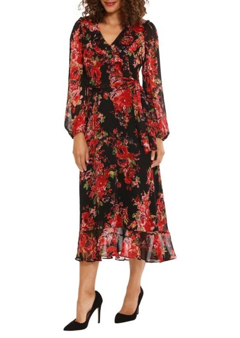 Maggy London Floral Long Sleeve Tiered Faux Wrap Midi Dress