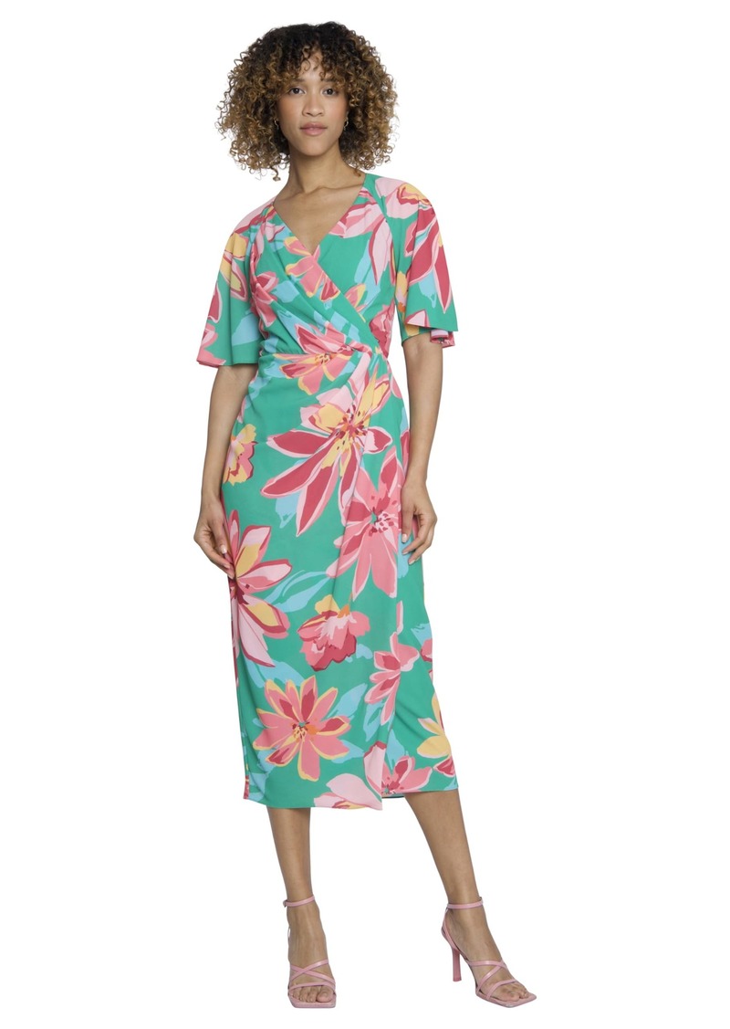 Maggy London Floral Midi Summer Women with Faux-Wrap Bodice and V-Neckline Wedding Guest Dress