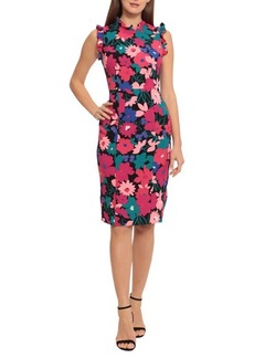 Maggy London Floral Print Ruffle Crepe Sheath Dress in Black/Bright Rose at Nordstrom