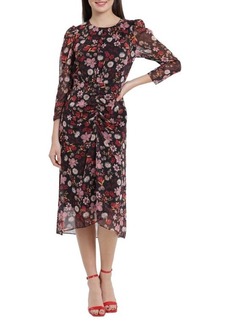 Maggy London Floral Print Shirred Long Sleeve High/Low Midi Dress in Brown/Rose at Nordstrom