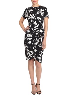 Maggy London Floral Short Sleeve Ruched Faux Wrap Dress in Black/Soft White at Nordstrom Rack
