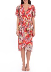 Maggy London Floral Wrap Front Flutter Sleeve Midi Dress in Tomato/Coral/Green #437 at Nordstrom