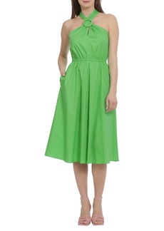 Maggy London Halter Neck Stretch Cotton Midi Dress in Vibrant Green at Nordstrom Rack