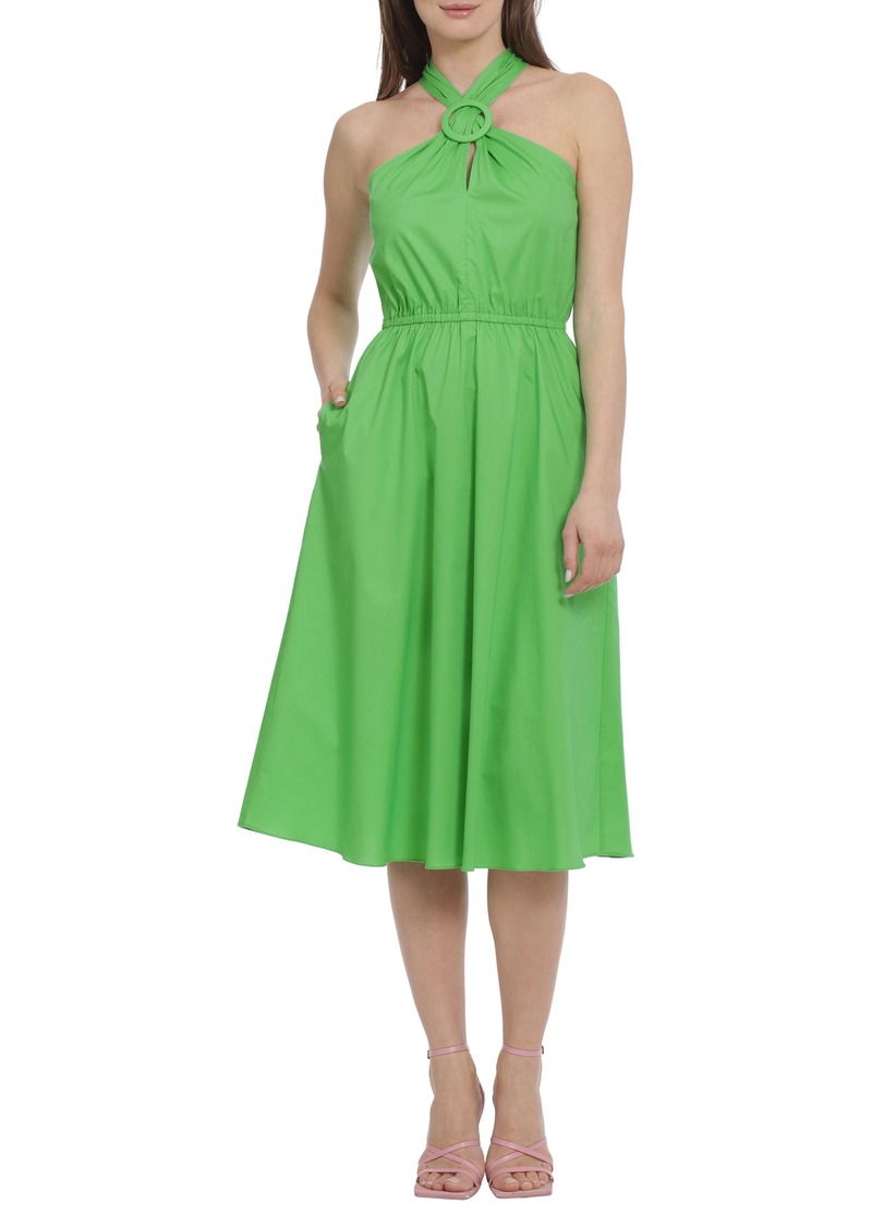 Maggy London Halter Neck Stretch Cotton Midi Dress in Vibrant Green at Nordstrom Rack