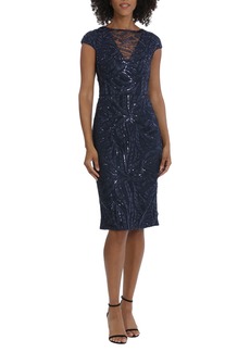 Maggy London Illusion Lace Sequin Embroidered Cap Sleeve Midi Dress in Twilight Navy at Nordstrom Rack