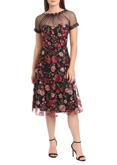 Maggy London Illusion Yoke Floral Embroidered Midi Cocktail Dress