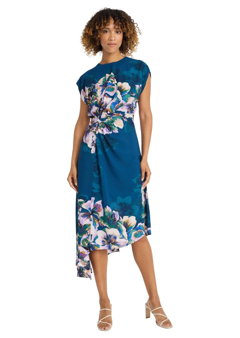 Maggy London Midi Sleeveless with Ruched Waist Asymmetric Ruffle Hem Floral Dress for Women