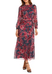 Maggy London Paisley Gathered Waist Long Sleeve Chiffon Maxi Dress in Slate/Cherry Blossom at Nordstrom Rack