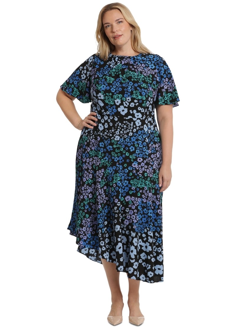 Maggy London Plus Size Floral-Print Midi Dress - Black Blue