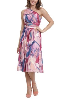 Maggy London Print Ruched One-Shoulder Dress