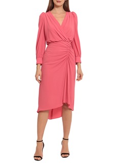 Maggy London Ruched Long Sleeve High-Low Midi Dress in Rapture Rose at Nordstrom Rack