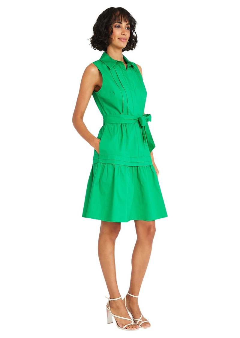 Maggy London Sleeveless Collared Button Front Summer Dress for Women with Waist Tie and Pleat Details