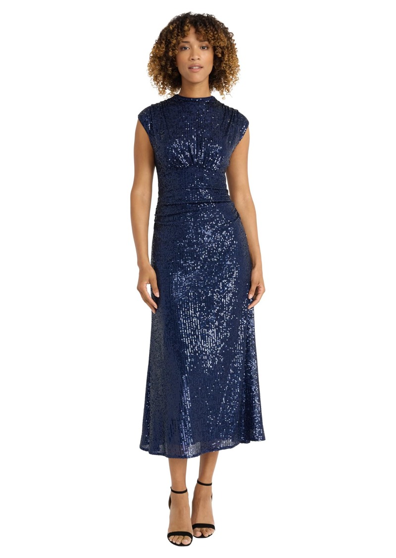 Maggy London Sleeveless High Neck A-Line Midi Birthday Cocktail Sequin Dress for Women