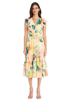 Maggy London Womens V-Neck Midi with Ruffle Details | Wedding Guest Dresses for   US