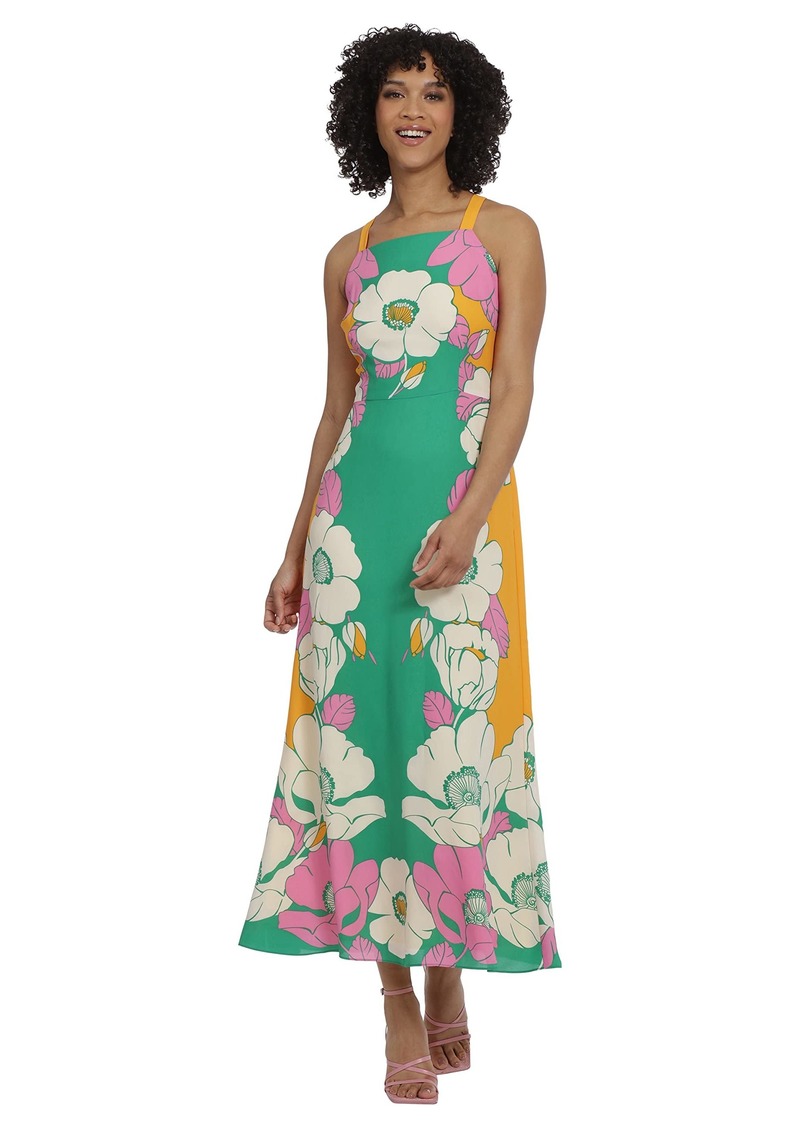 Maggy London Women's Bold Colorful Fun Printed Georgette Maxi Dress