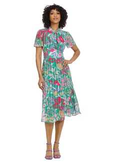 Maggy London Women's Plus Size Floral Printed Neck Tie Short Sleeve Midi Dress