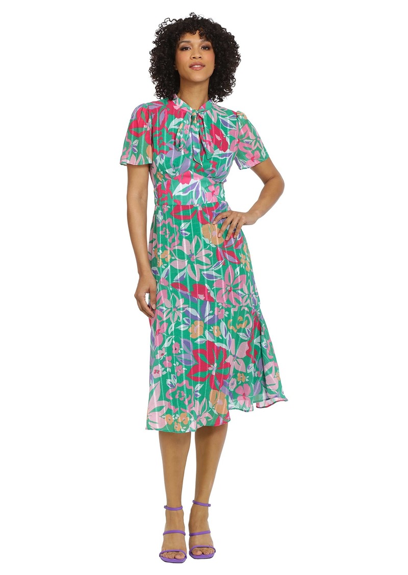 Maggy London Women's Floral Printed Neck Tie Short Sleeve Midi Dress