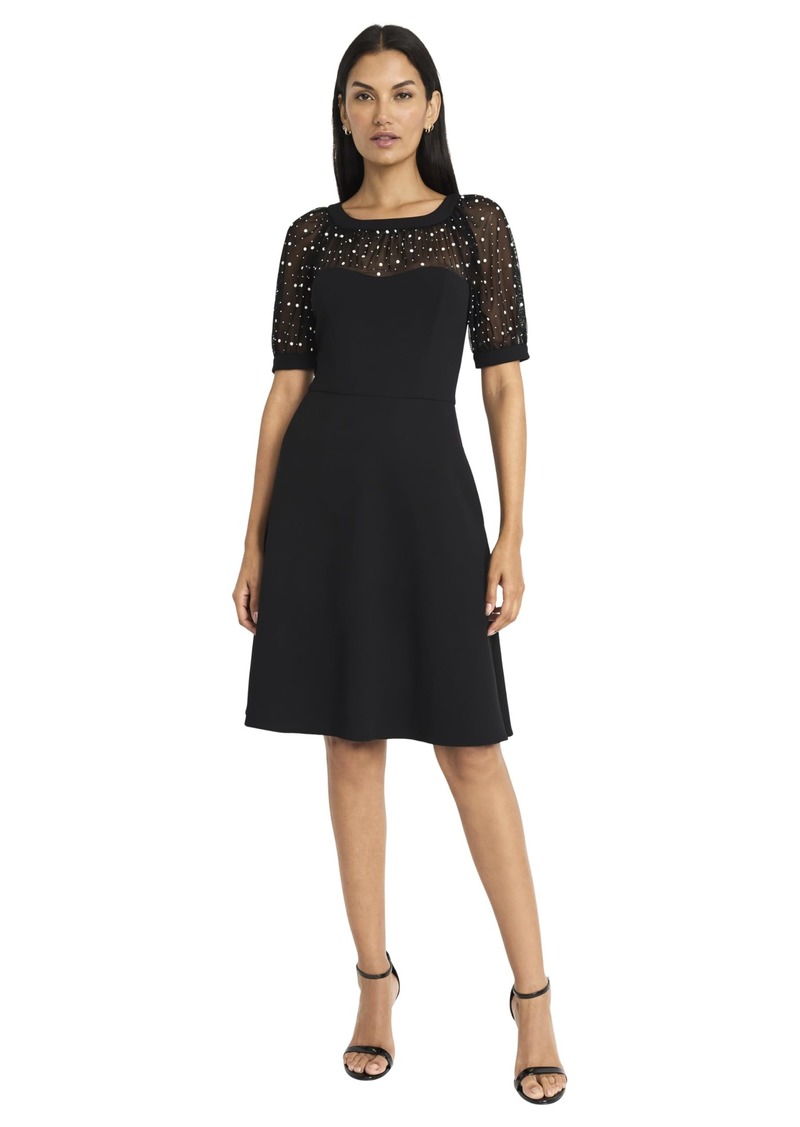 Maggy London Women's Elegant Fit & Flare Cocktail Short Sleeve Embellished Sheer Yoke-Versatile Special Occasion Dresses