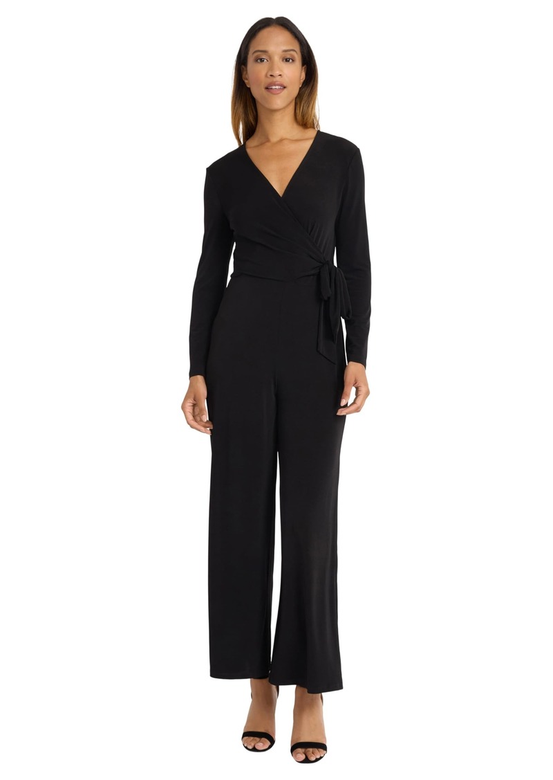 Maggy London Women's Elegant Wide-Leg Long Sleeve V-Neck Wrap Bodice with Cinched Waist-Formal Evening Jumpsuit