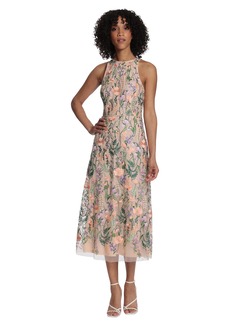 Maggy London Women's Floral Embroidered Halter Midi Dress with Back V-Neck
