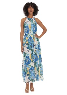 Maggy London Women's Petite Floral Halter Neck Maxi with Waist Spaghetti Tie  0P