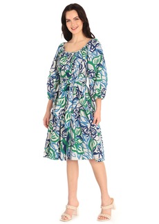 Maggy London Women's Floral Printed 3/4 Sleeve Scoop Neck Dress with Waist Tie