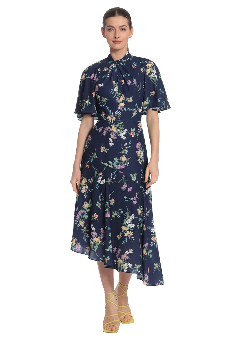 Maggy London Women's Floral Printed Flutter Sleeve Midi Dress with Twist Mock Neck and Asymmetrical Hem