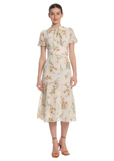 Maggy London Women's Floral Printed Neck Tie Short Sleeve Midi Dress