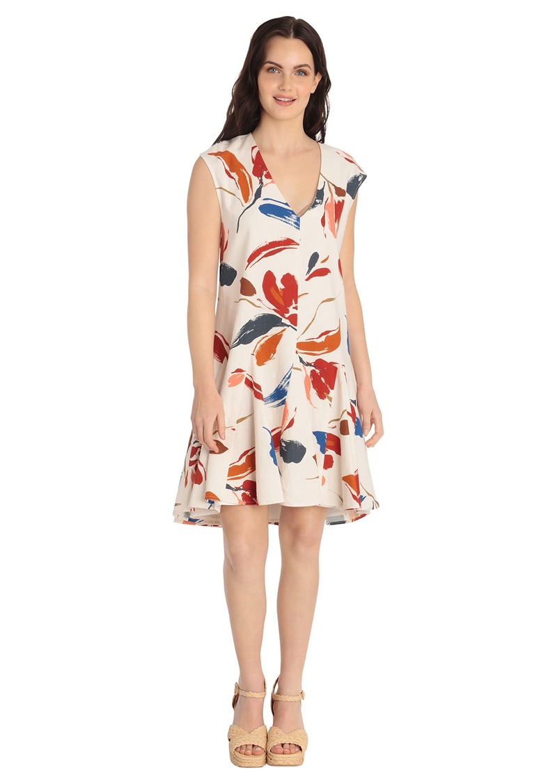 Maggy London Women's Floral Printed V-Neck Dress with Godets Ivory/RED