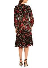 Maggy London Women's Floral Ruffle-Neck Tea Dress - Black/wine