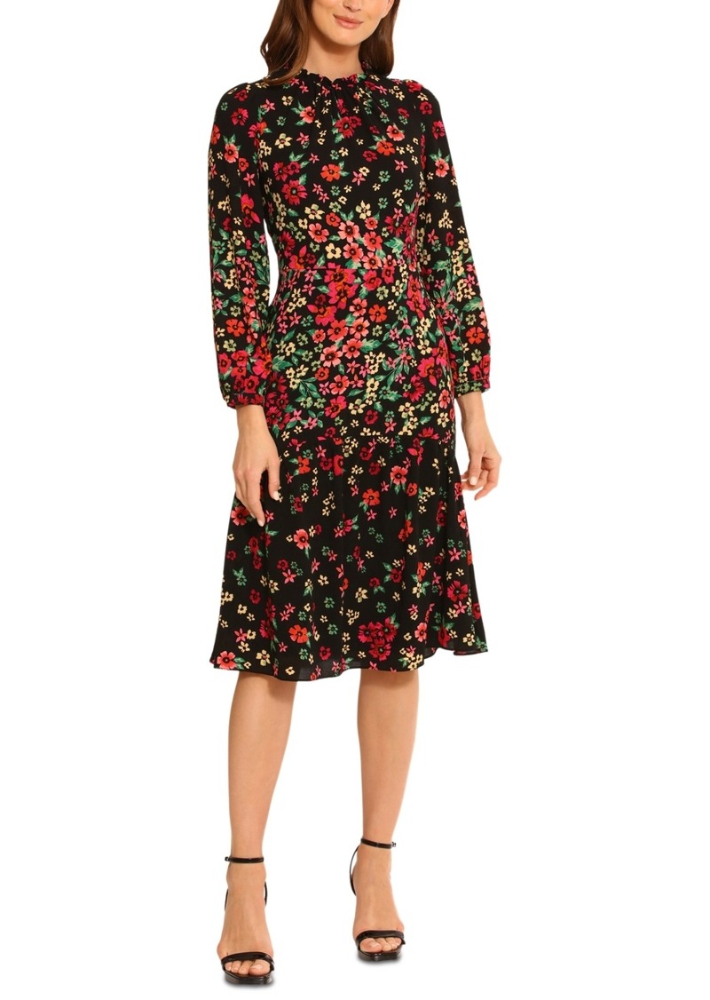 Maggy London Women's Floral Ruffle-Neck Tea Dress - Black/wine