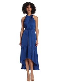 Maggy London Women's Fold Detail Halter Dress with Back Neck Tie and Tiered High-Low Skirt