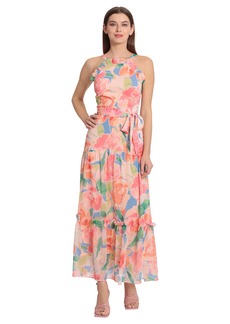 Maggy London Women's Halter Neck Chiffon Maxi with Ruffle Details