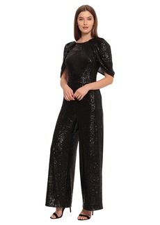 Maggy London Women's Holiday Sequin Jumpsuit Event Occasion Cocktail Party Guest of Cape Sleeve-Black