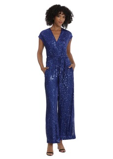 Maggy London Women's Holiday Sequin Jumpsuit Event Occasion Cocktail Party Guest of V-Neck-Bright Royal