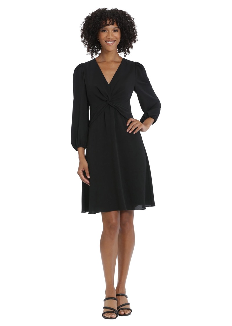 Maggy London Women's Long Sleeve Bubble Crepe Dress Workwear Event Guest of Wedding V-Neck-Black