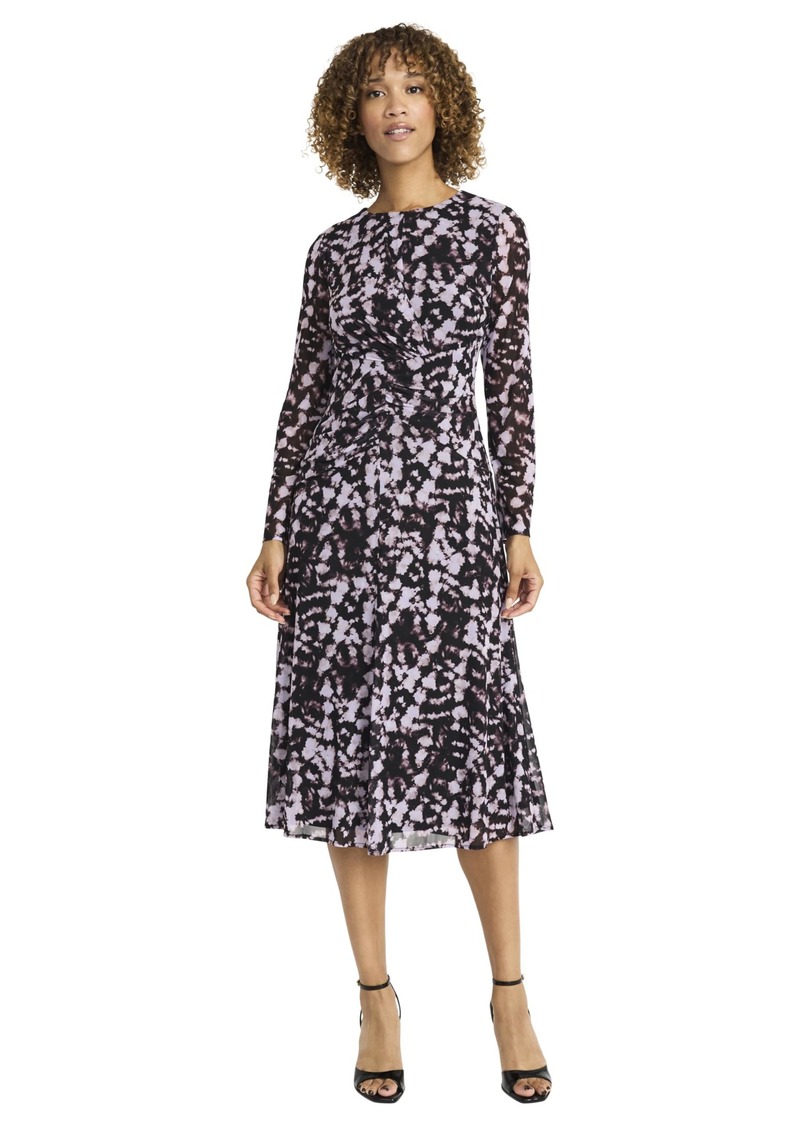 Maggy London Women's Long Sleeve Midi Abstract Print A-Line Silhouette-Versatile Cocktail Dress