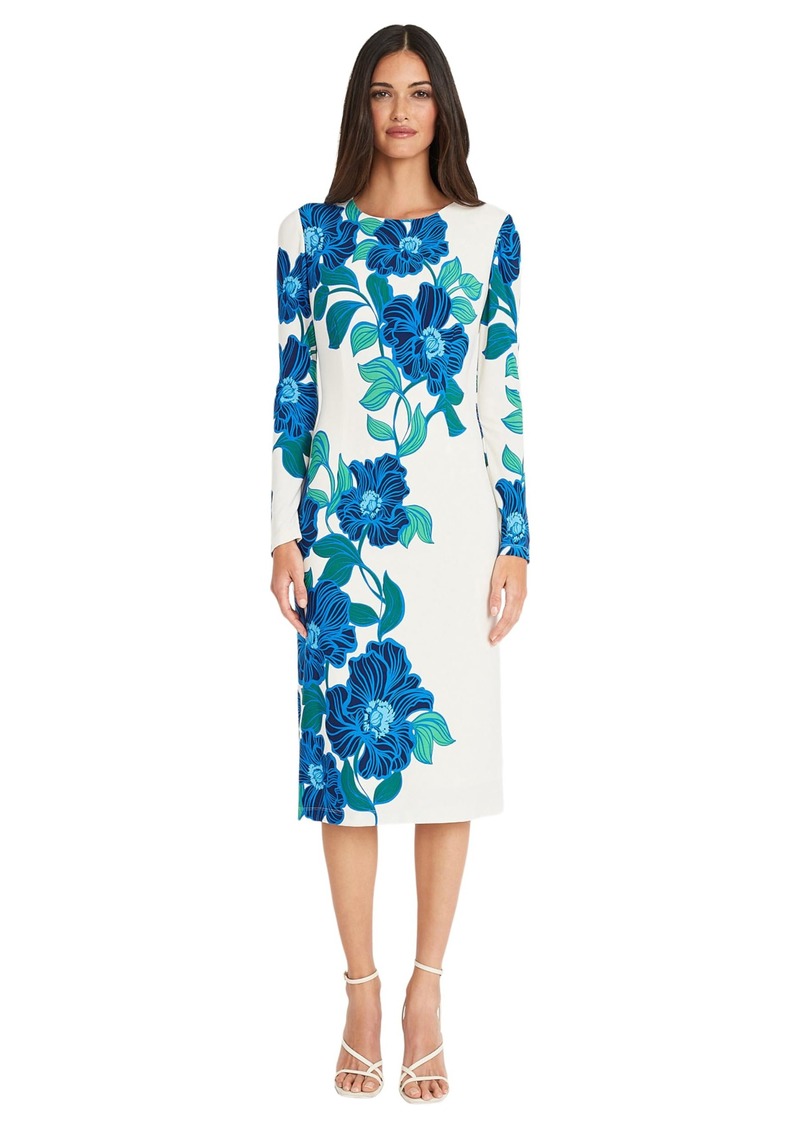 Maggy London Women's Long Sleeve Printed Sheath Tropadelic Floral-Soft White/Cobalt