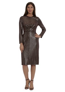 Maggy London Women's Long Sleeve Sparkle Knit Gathered Midi Dress Holiday Occasion Party