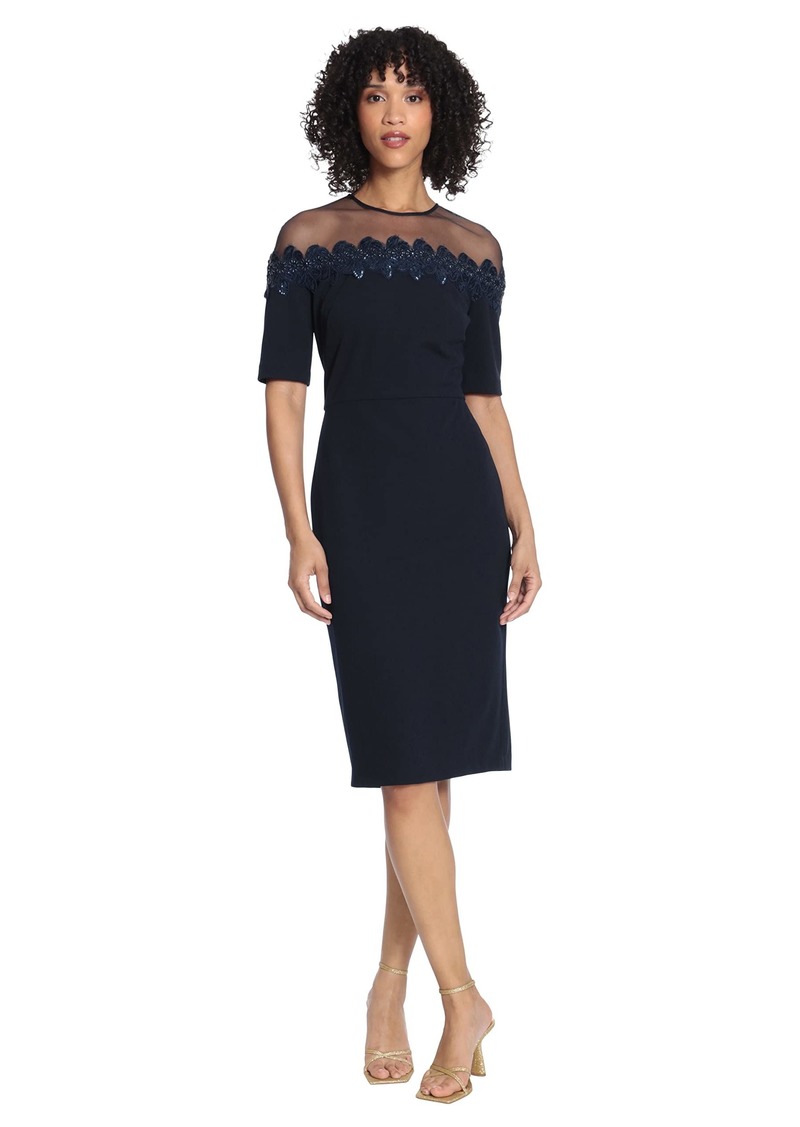 Maggy London Women's Mesh Yoke Pencil Skirt Dress with Applique Trim