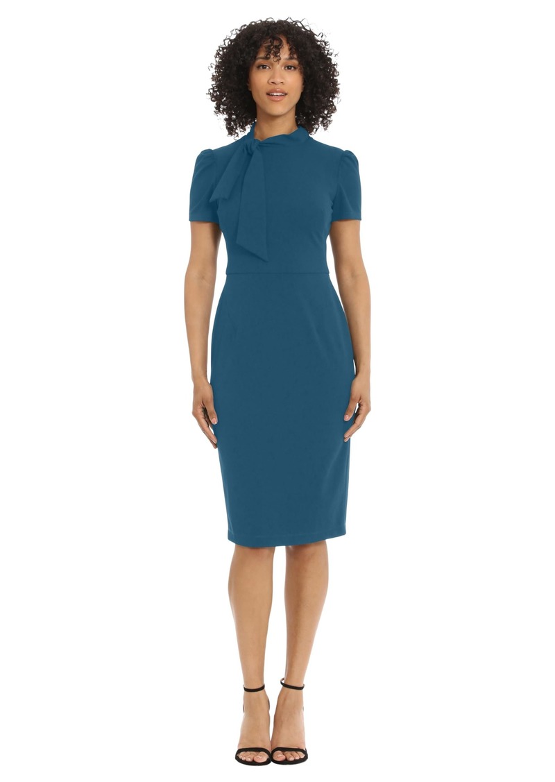 Maggy London Women's Midi Short Sleeve Sheath with Neck Tie Career Office Work Wear