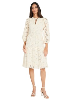 Maggy London Women's Mini Ruffle Mock Neck Eyelet Dress with Tiered Skirt
