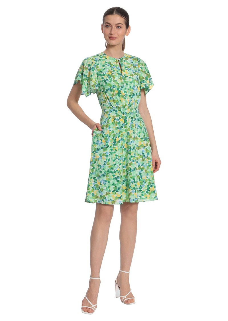 Maggy London Women's Petite Painterly Petal Printed Flutter Sleeve Dress with Button Front Keyhole  16