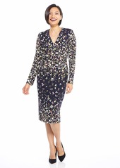 Maggy London Women's Printed Crepe v-Neck midi Dress with Long Sleeve
