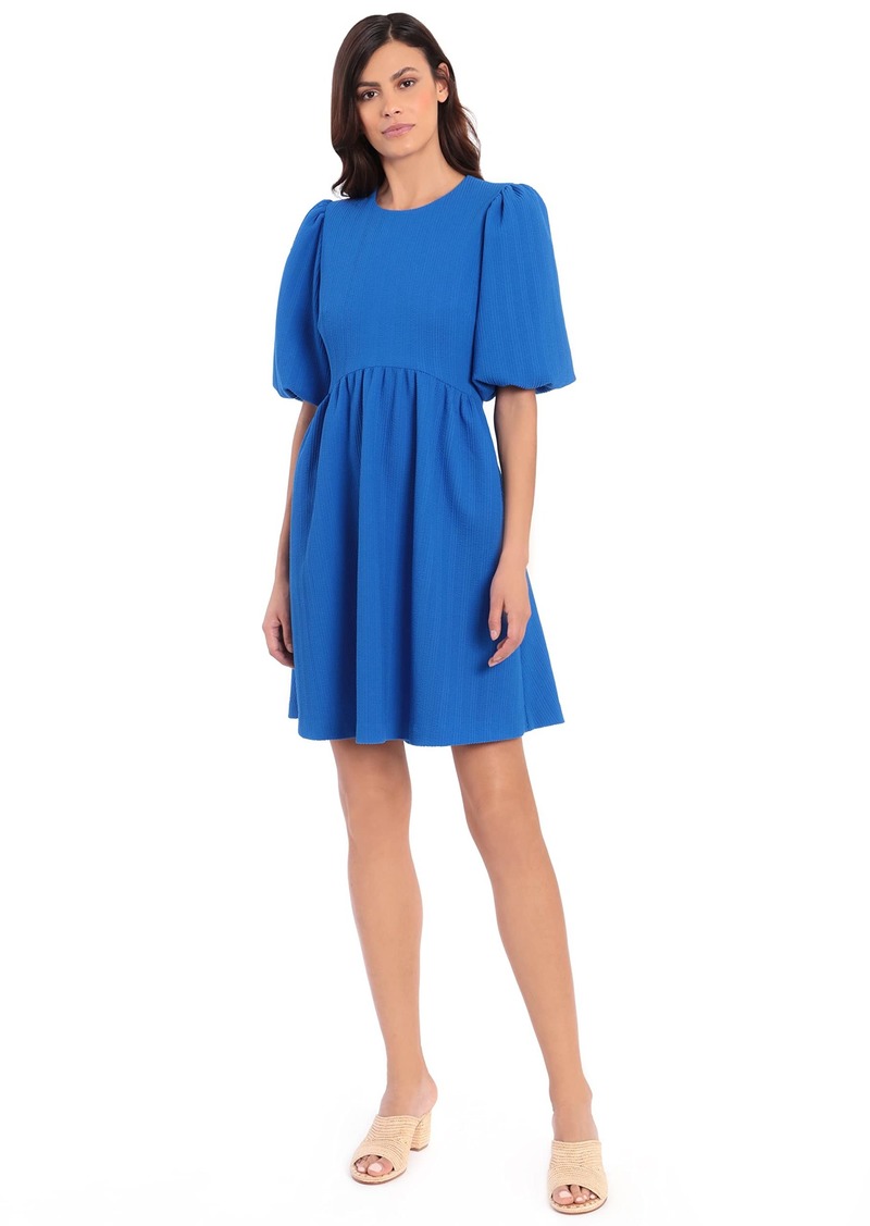 Maggy London Women's Petite Puff Short Sleeve Seersucker Dress with Curved Empire Waist and Shirred Above The Knee Skirt  10