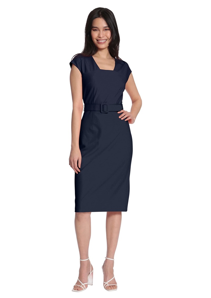 Maggy London Women's Petite Square Neck Cap Sleeve Belted Dress with Pencil Skirt  10P